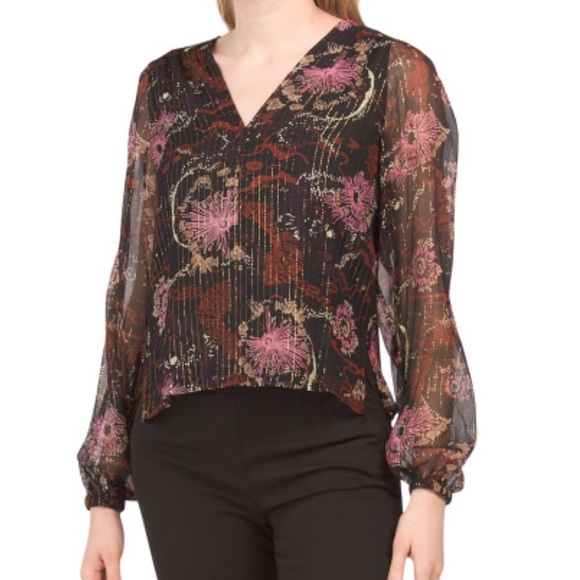 A.L.C. Silk Mac Tunic Top Brown Sheer Floral Print Balloon Sleeve Size 8 - Picture 5 of 15